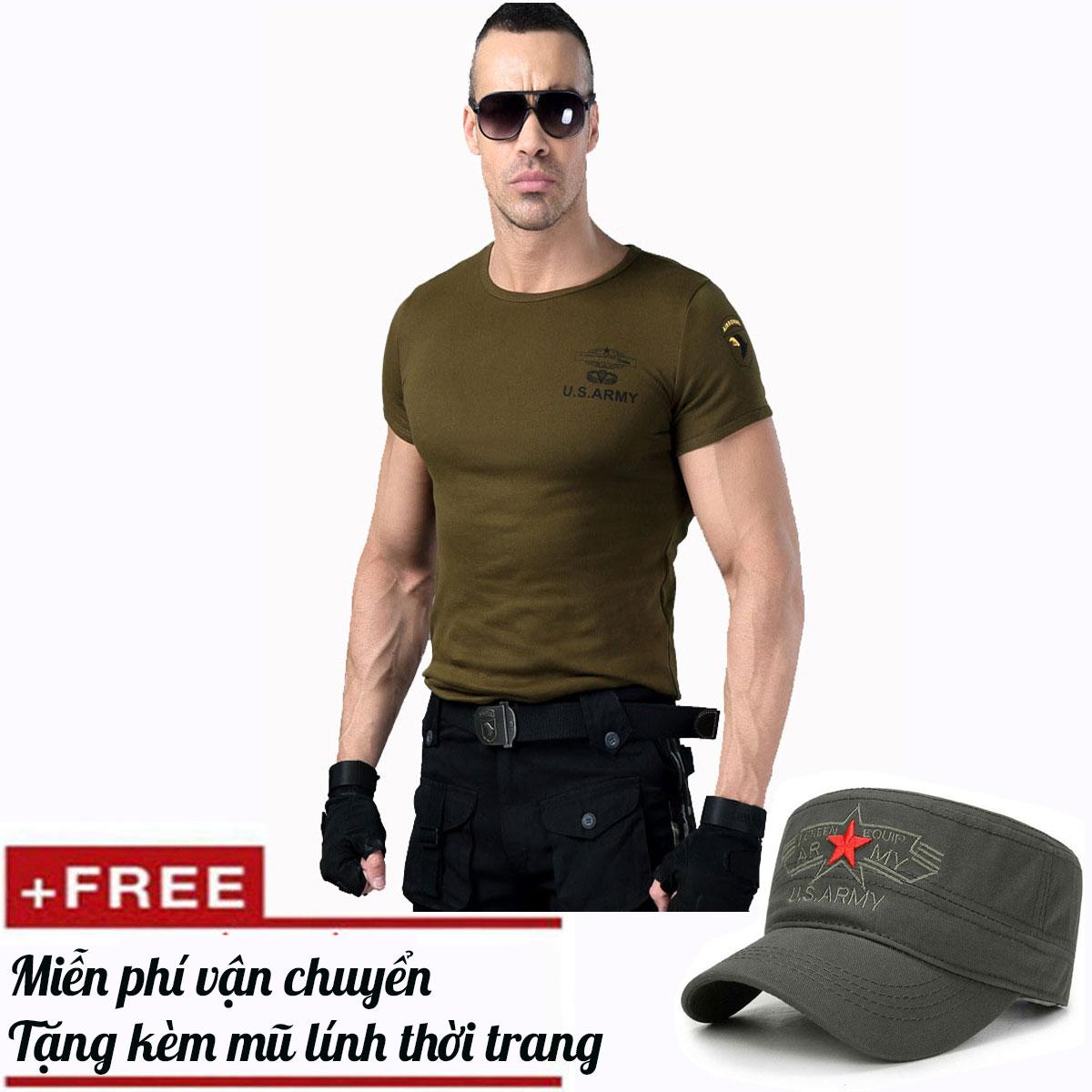 Áo cộc tay co giãn nam-Áo nam phong cách lính mỹ tặng kèm mũ thời trang