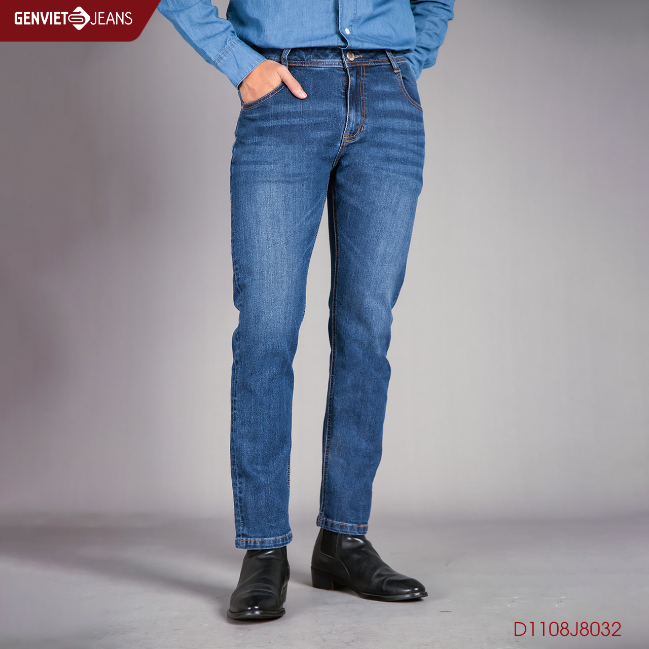 Quần jeans nam genviet ống col đứng d1108j8032