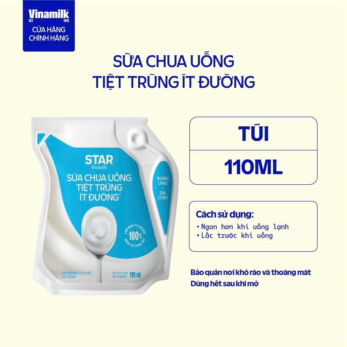 Thùng 24 Túi Sữa chua uống tiệt trùng ít đường – Vinamilk Star 110ml
