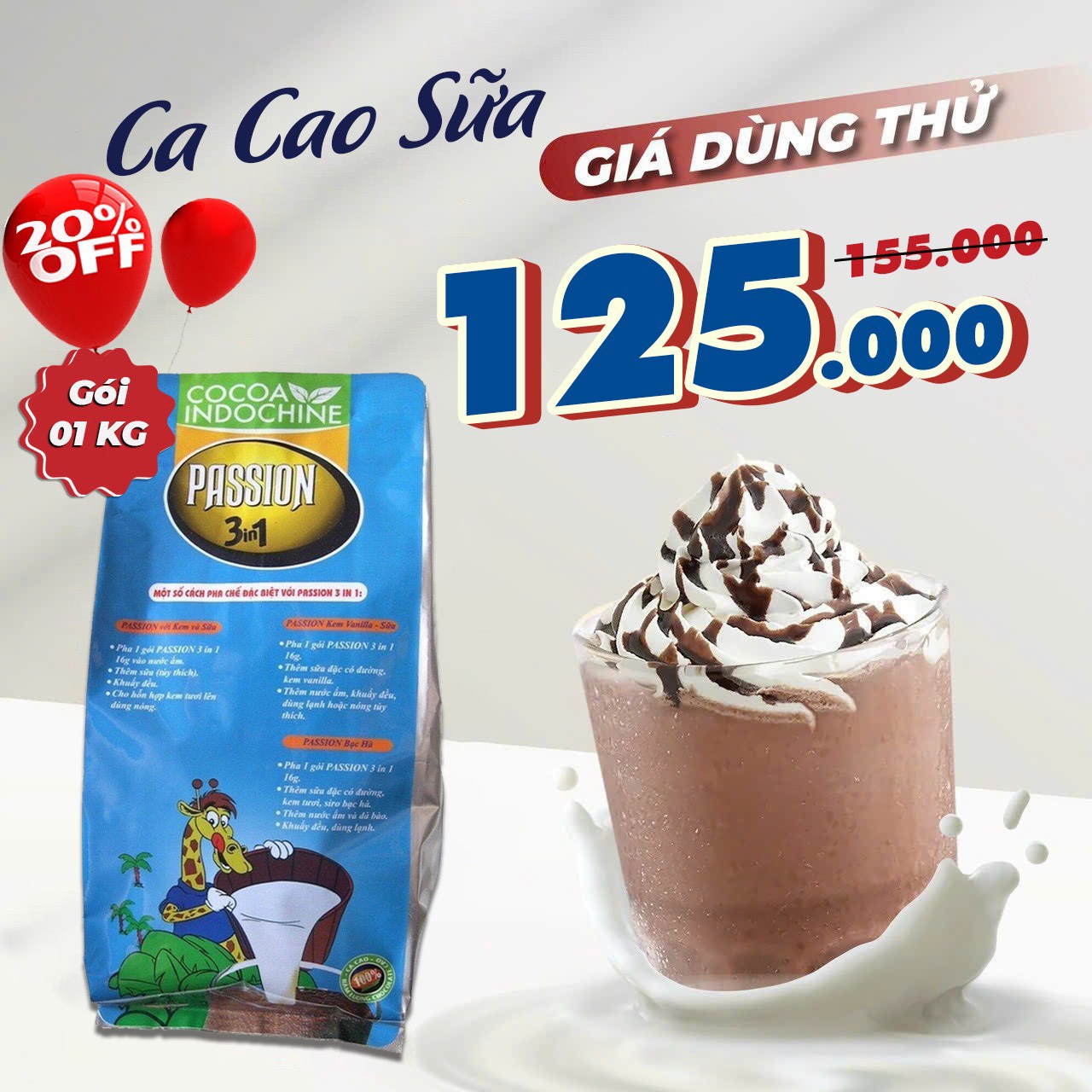 Bột cacao sữa hoà tan passion 3 in 1 - túi 1 kg