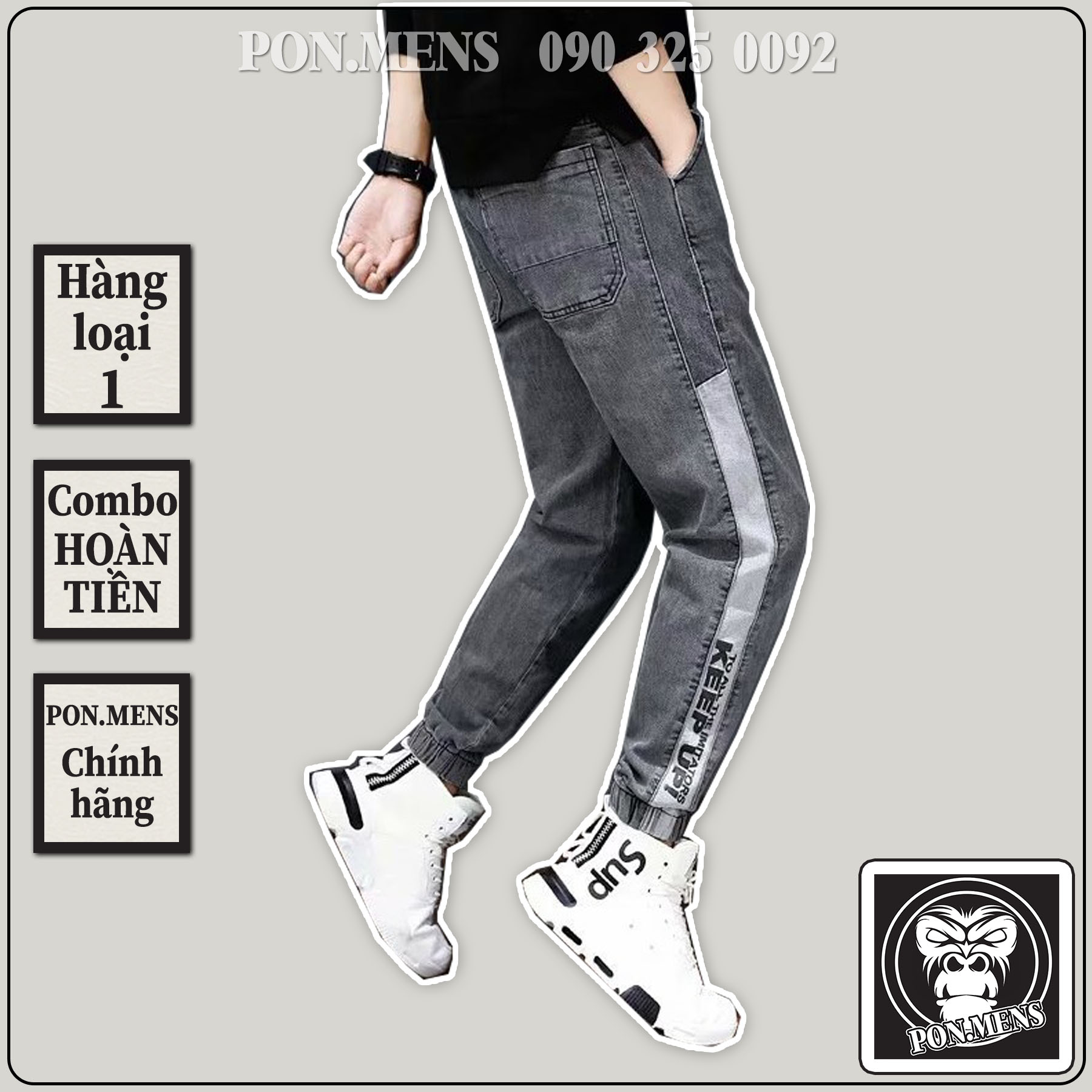 Quần Bò Jogger nam màu xám lông chuột chữ in bó gấu lưng chun 7027x pon.mens