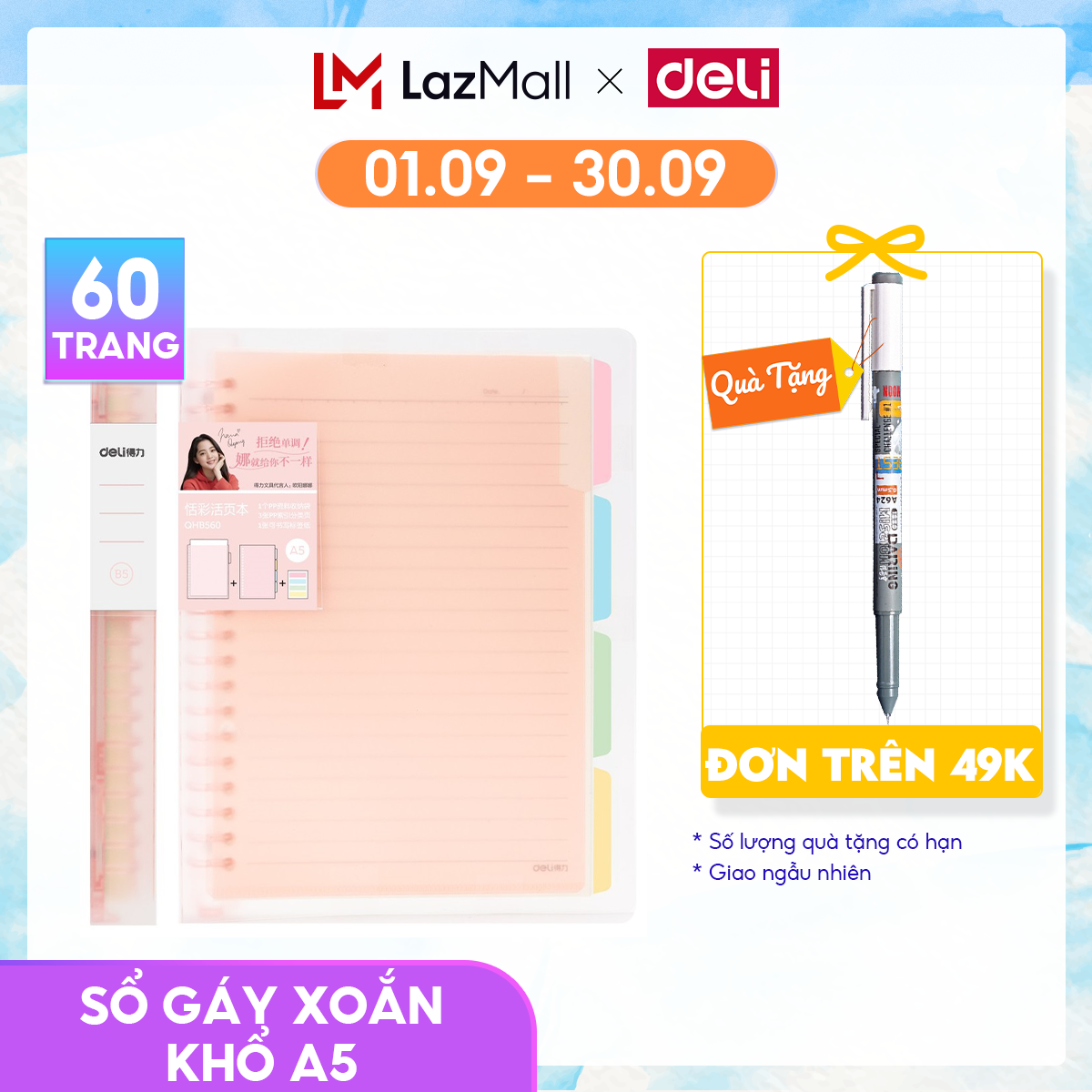 Sổ Tay Ghi Chép DELI Gáy Lò Xo A5 60 Trang Xanh dương/Hồng/Vàng/Xanh lá - QHA560