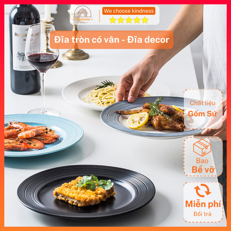 Đĩa sứ, dĩa sứ tròn có vân dùng ăn bít tết trang trí đồ ăn decor