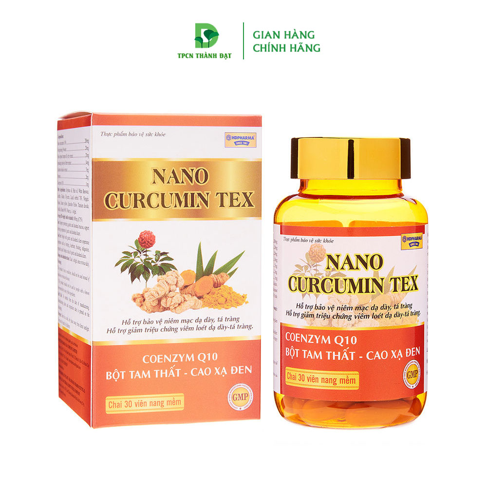 [Chai 30] Nano Curcumin Tex hỗ trợ giảm viêm loét dạ dày, tá tràng - Chai 30 viên