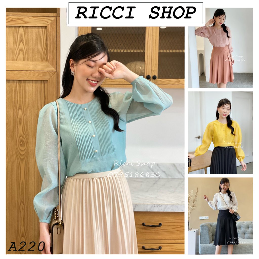 Áo tơ dài tay cổ tròn,xếp ly ngực a220 riccishop