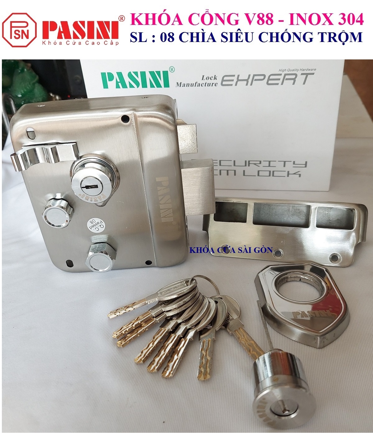 Khoá cổng pasini cao cấp v88 inox 304