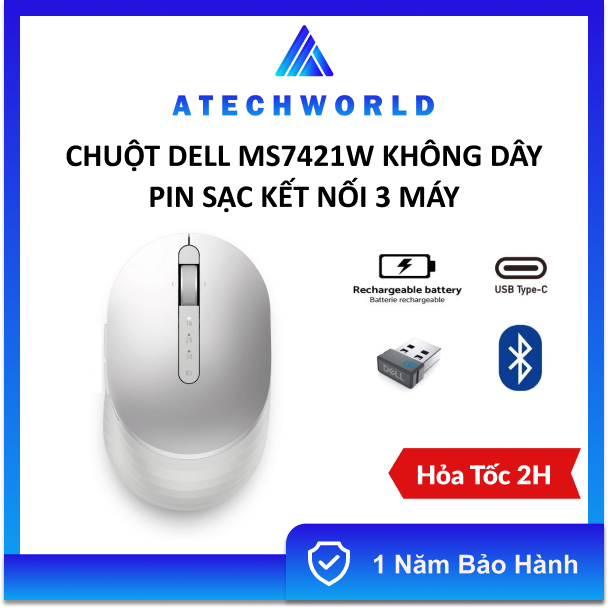Chuột dell ms7421w premier không dây pin sạc kết nối 3 máy - hàng chính hãng - bh 1 năm - có xuất vat