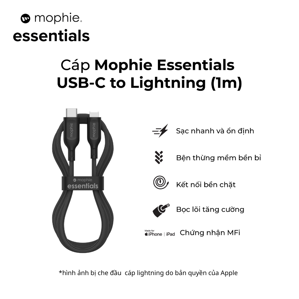 Cáp Mophie Essentials USB-C to Lightning 1m 2m dành cho iPhone
