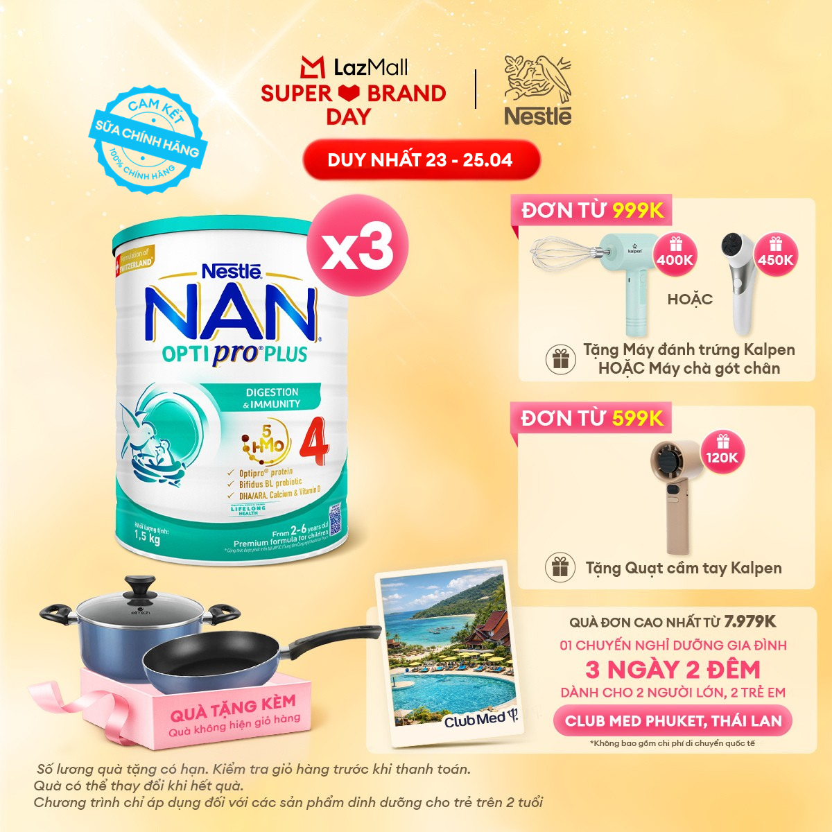 [CHỈ 23 - 25.04 QT Đơn 599K/999K] [Tặng Set Nồi Chảo Elmich] Bộ 3 lon Sữa Bột Nestlé NAN OPTIPRO PLUS 4 1500g Cho Bé 2 - 6 Tuổi: Công Thức Độc Quyền Nhập Khẩu Từ Thụy Sỹ, Chứa Phức Hợp 5-HMO