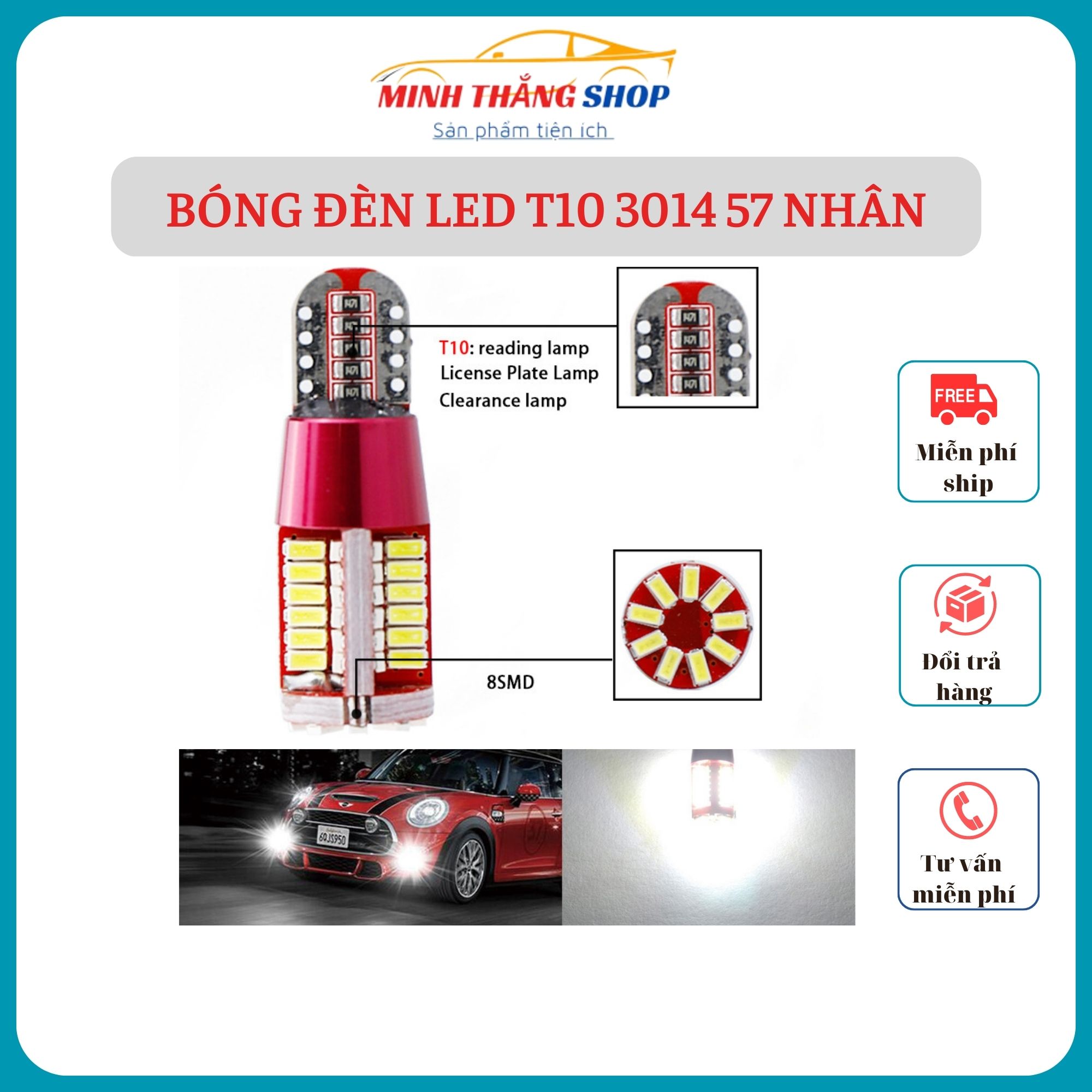 Đèn led t10 3014 57 nhân