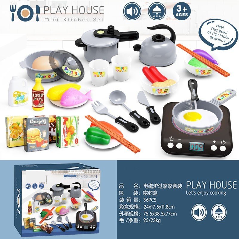 Bộ nấu ăn Playhouse 36 chi tiết, bếp có đèn và âm thanh. Đồ chơi bếp hồng và xanh cho bé trai và bé gái