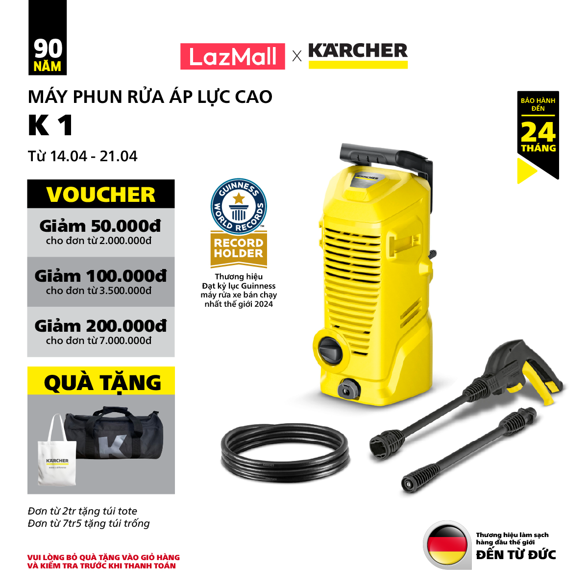 (2024 New) K 1 Karcher high pressure washer, capacity 850W 90 bar flow 300 L/H, made in Vietnam