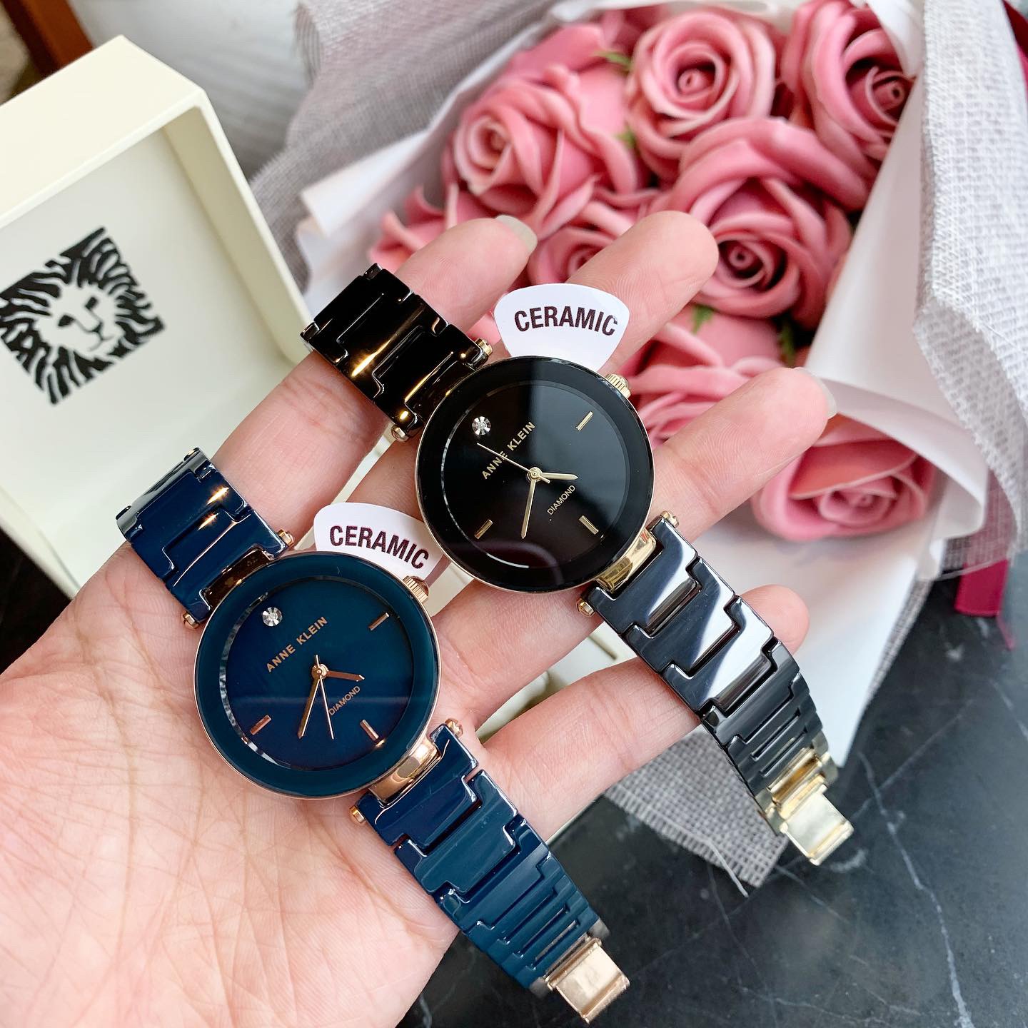 Freeship] Đồng hồ nữ ANNE KLEIN dây đá ceramic model AK/1018BKBK