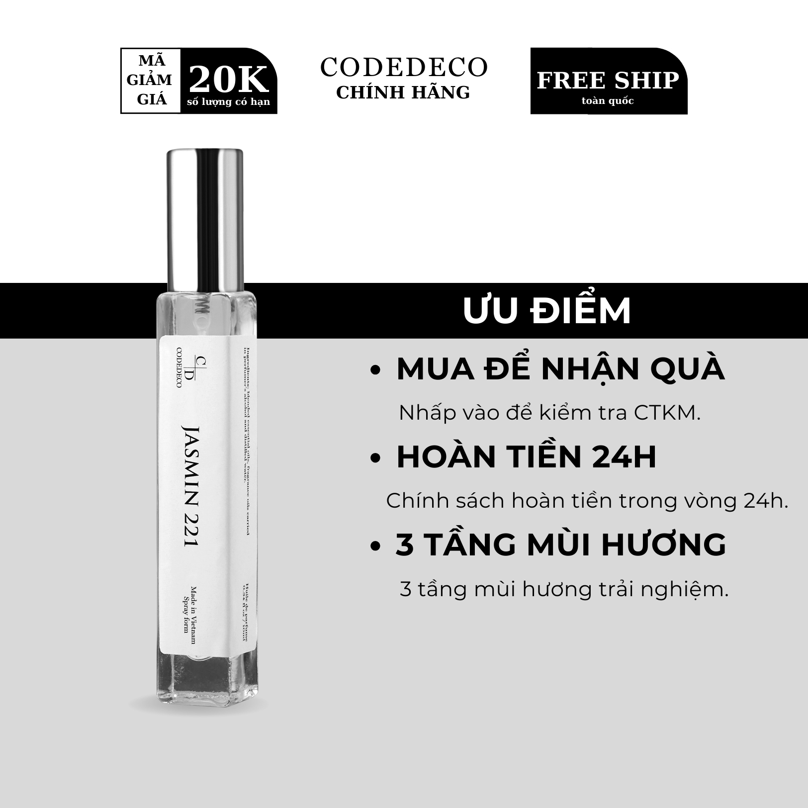 Tinh dầu nước hoa CODEDECO Jasmin 221 10ml, quý phái, sang trọng , nữ tính