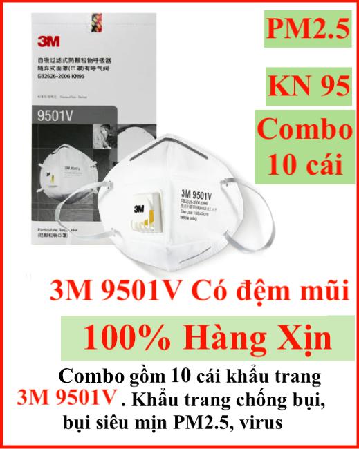 Bộ 10 cái khẩu trang 3M 9501V( Hoặc 9501V+) KN 95 chống bụi siêu mịn PM2.5 có van 1 chiều đóng mở thông minh, phần đỡ mũi có đệm giúp êm ái, tác dụng lọc mùi hôi, chống bụi siêu mịn trong không khí gây hại sức khoẻ