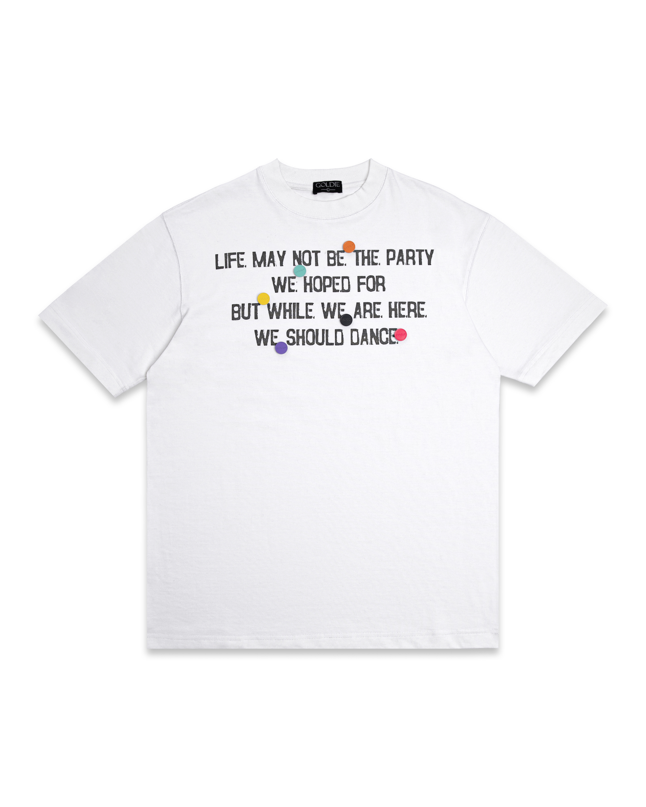 Party button white tshirt