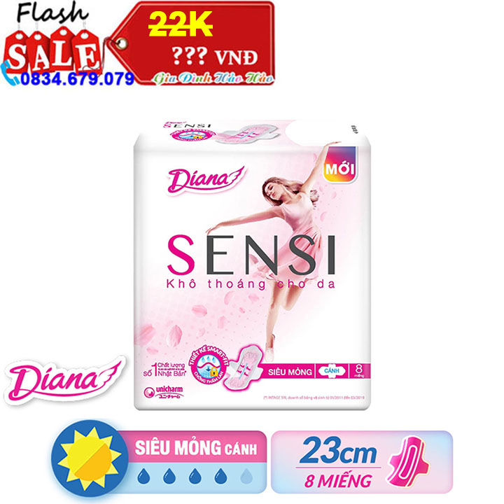 Bvs băng vệ sinh ban ngày diana sensi khô thoáng siêu mỏng cánh - 2 gói x 4 miếng