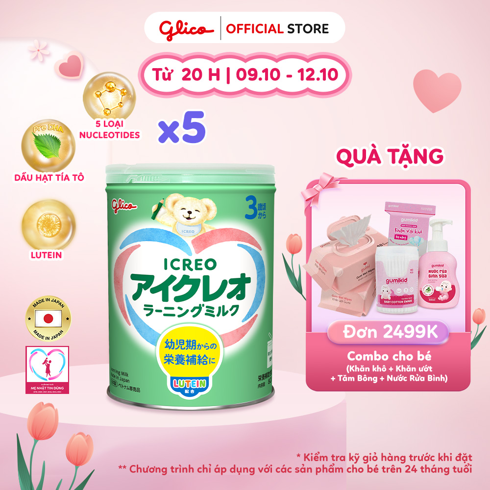 (ICREO SỐ 3) Combo 5 Lon Thực Phẩm Bổ Sung Sữa Dinh Dưỡng GLICO ICREO LEARNING MILK cho bé từ 3 tuổi trở lên (Số 3 - 5Lon x 820g/Lon)