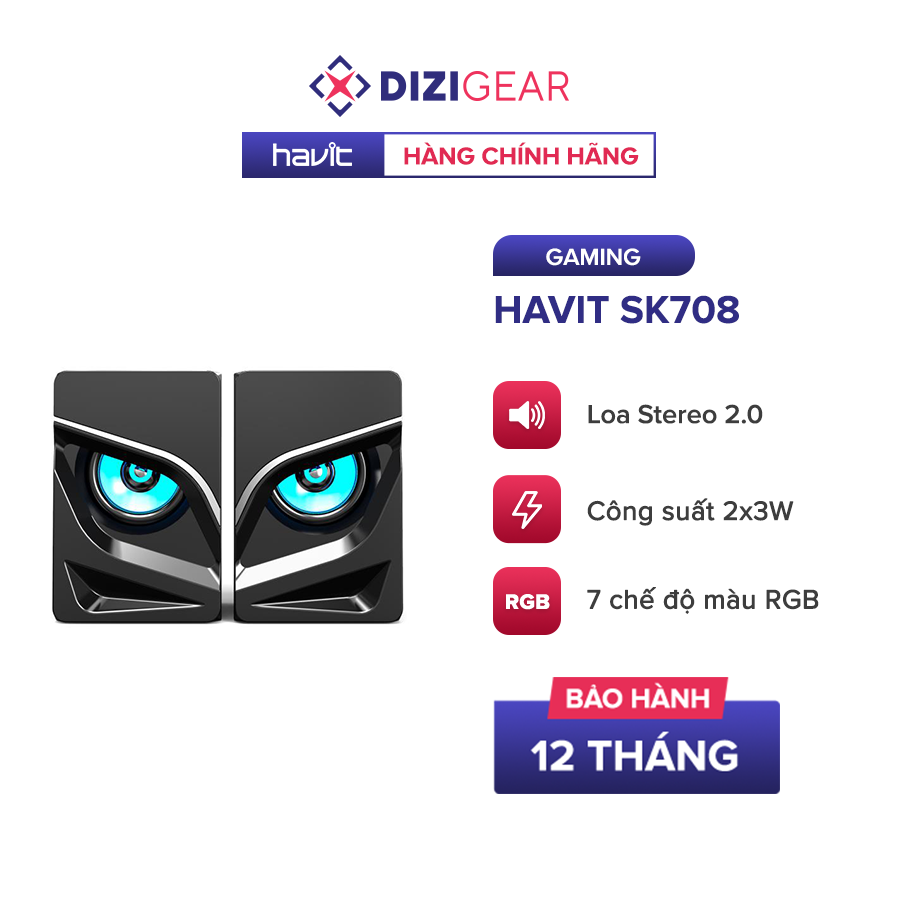 Loa Gaming RGB HAVIT SK708, 2 Loa Âm Thanh Stereo 2.0, 7 Chế Độ RGB, Cống Suất 2x3W - Chính Hãng BH 12 Tháng Dizigear