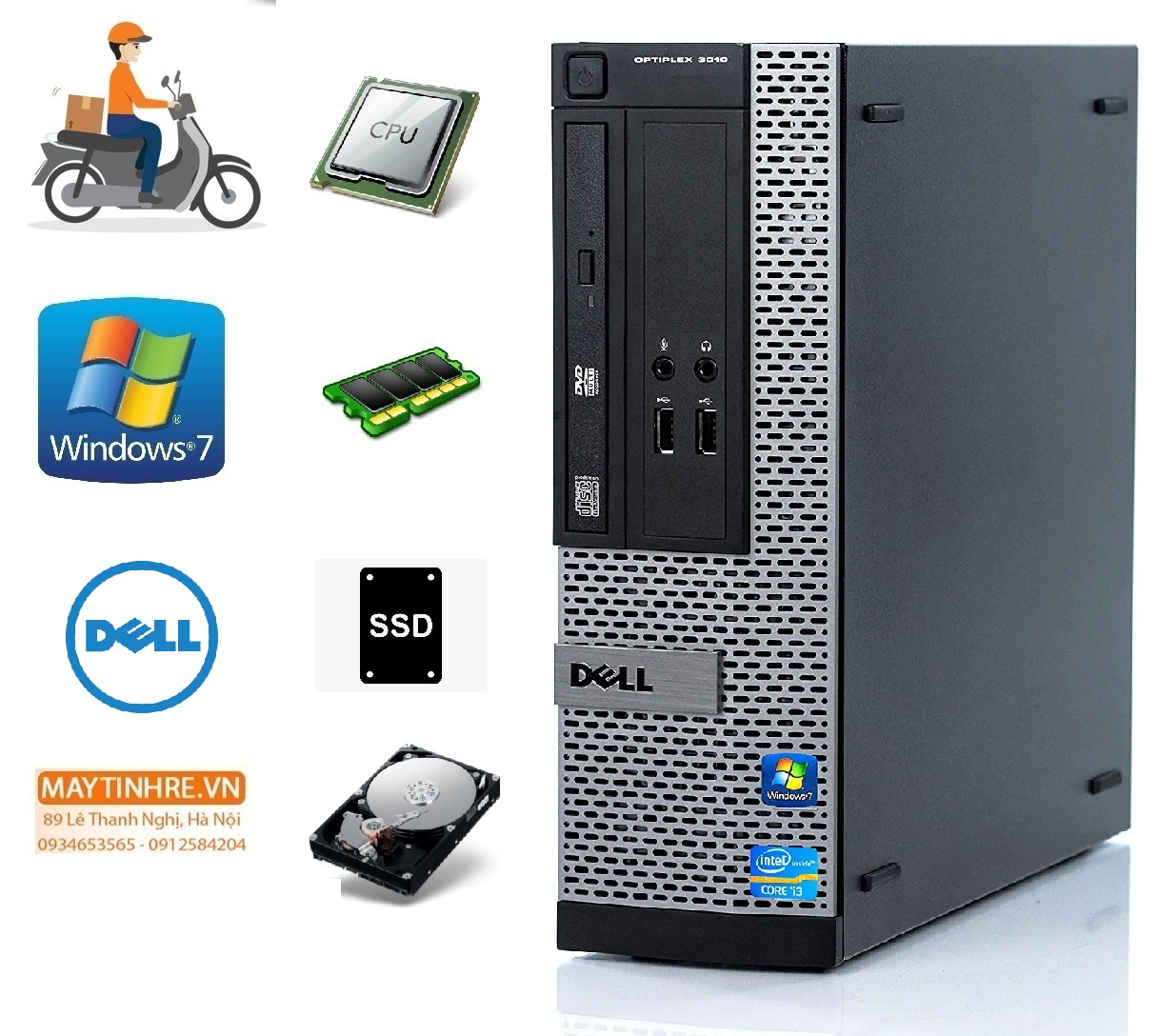Máy tính bàn Dell Optiplex 3010 sff, CPU Core i3 3220, Ram 4G, Ổ cứng SSD 120G, Hàng nhập khẩu, chưa bao gồm phím chuột và màn hình