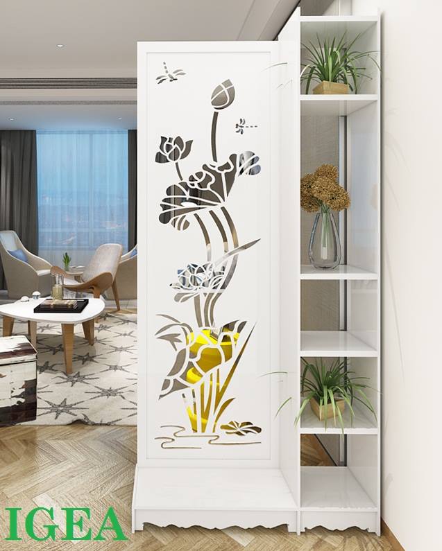 Vách ngăn bình phong liền kệ để đồ họa tiết hoa sen - ig482