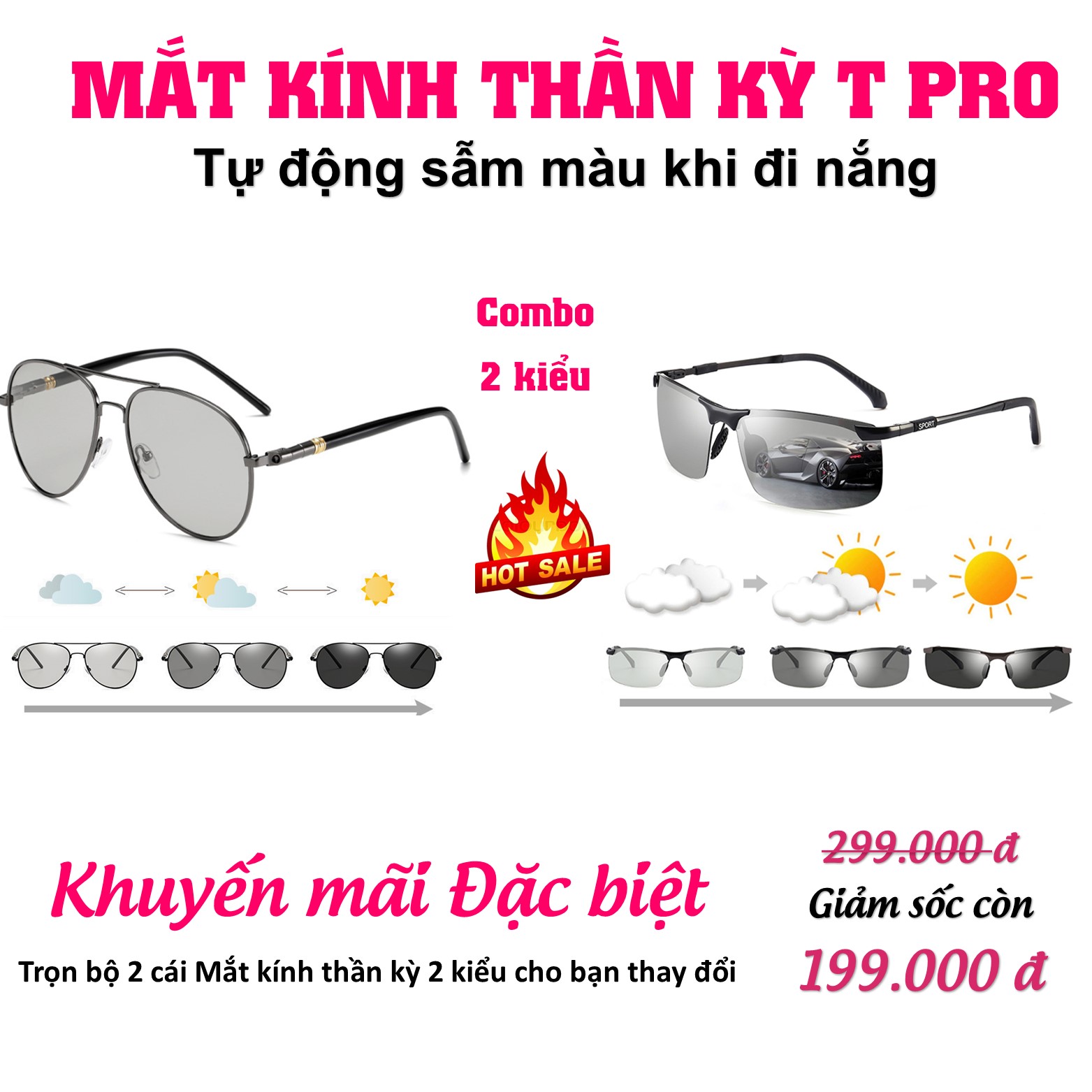 [HCM][ COMBO ] 2 Kính mát thần kỳ T Pro Tự động sẫm màu khi đi nắng Mắt kính tính phân cực chống lóa chống tia UV siêu bền - Tặng Hộp+ đèn test + Thẻ test