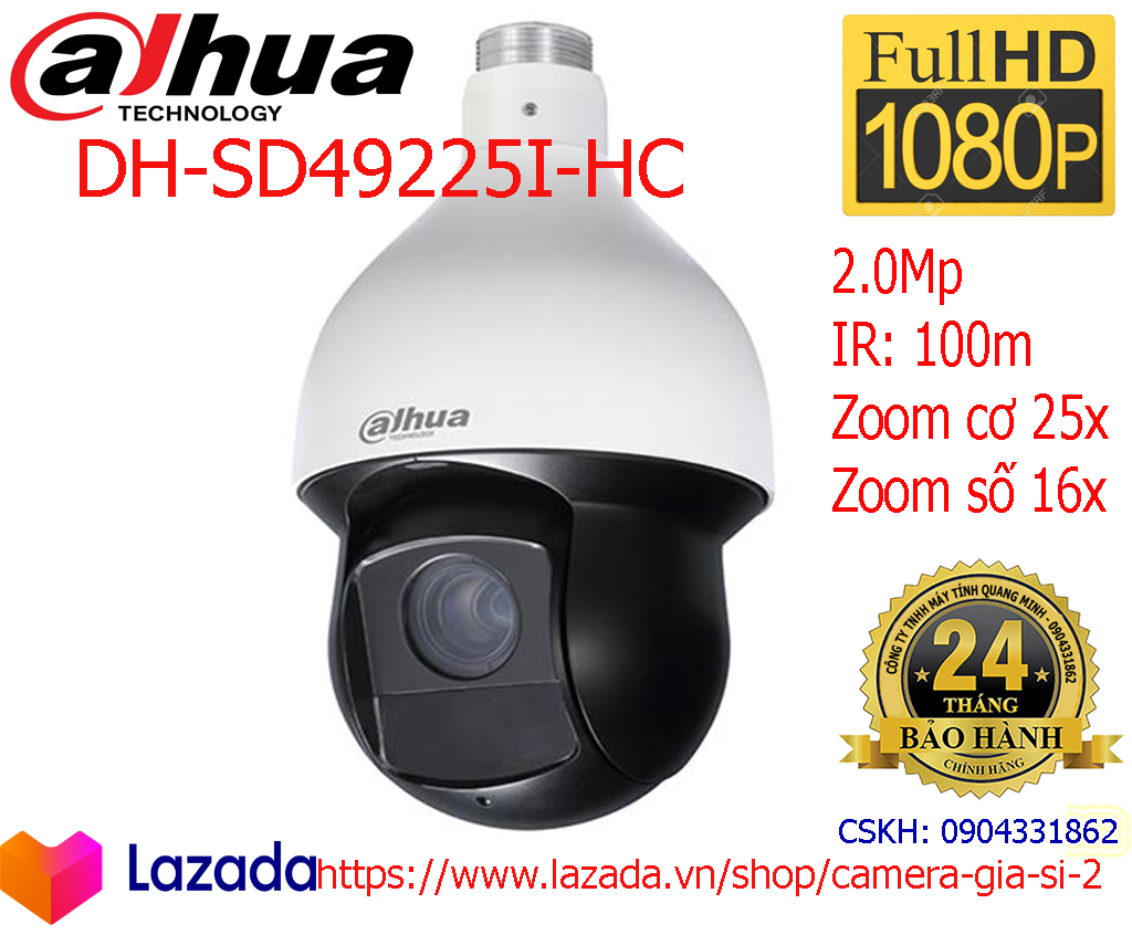 Camera ptz hdcvi pro chính hãng dahua dh-sd49225hc-la hồng ngoại 100m zoom quang 25x zoom số 16x độ phân giải 2megapixel quay 360 độ.