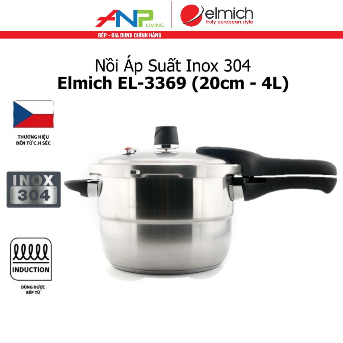 Nồi Áp Suất Đun Từ Inox 304 ELMICH EL-3369 (Dung Tích 4L, Size 20cm)