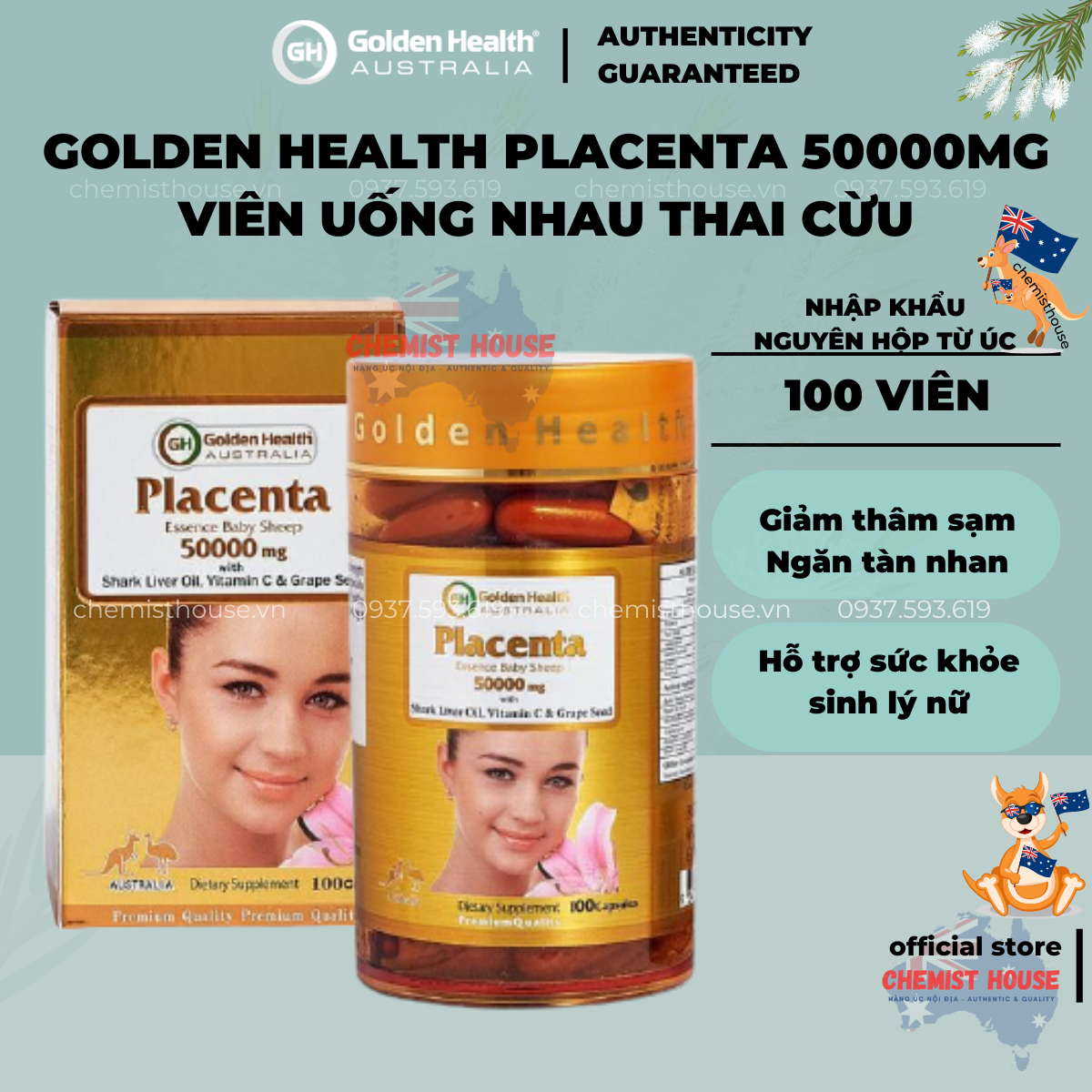 [Hàng Chuẩn ÚC] Golden Health Placenta -Viên uống nhau thai cừu Placenta 50000mg 100 viên