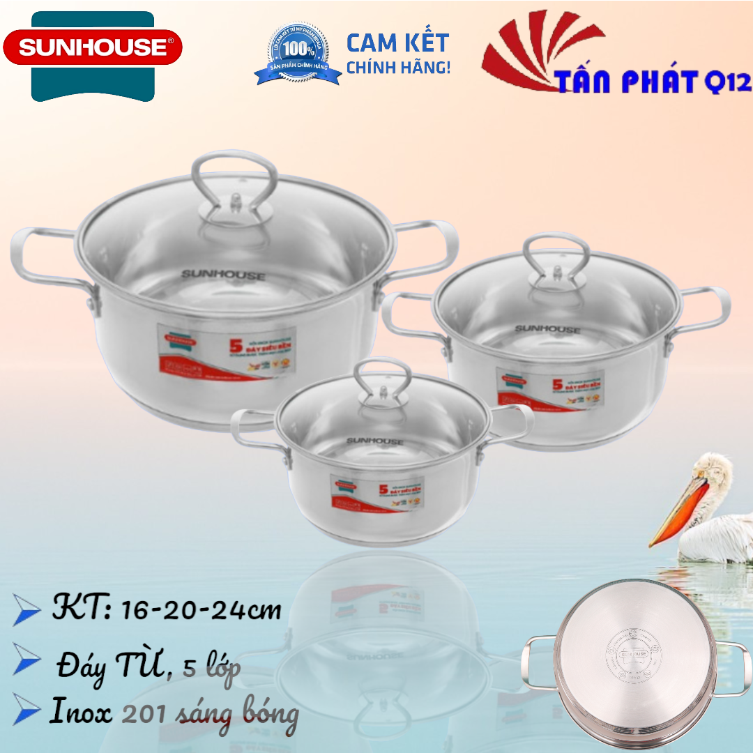[HCM]BỘ NỒI INOX 5 ĐÁY SUNHOUSE SHG788