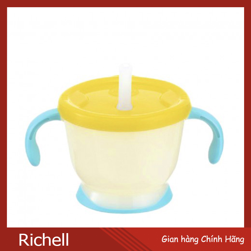 Cốc Tập Uống Richell Mẹ Nhấn Push SiliCone, Bé Tự Mút Hoặc Tháo Nắp Làm Ca. Thân TPE Cách Nhiệt Tay Xanh Nhạt (Hãng Phân Phối Chính Thức)