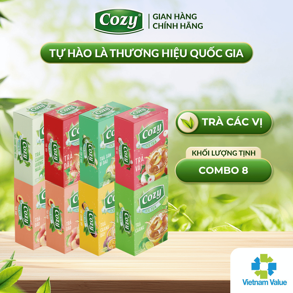 Combo 8 Trà Hòa Tan Cozy: 2 Hương Đào - Hương Vải - Hương Chanh Dây - Hương Sâm Bí Đao - Hương Dâu - Hương Chanh - Hương Nhài, (8 Hộp x 16 Gói x 15g)
