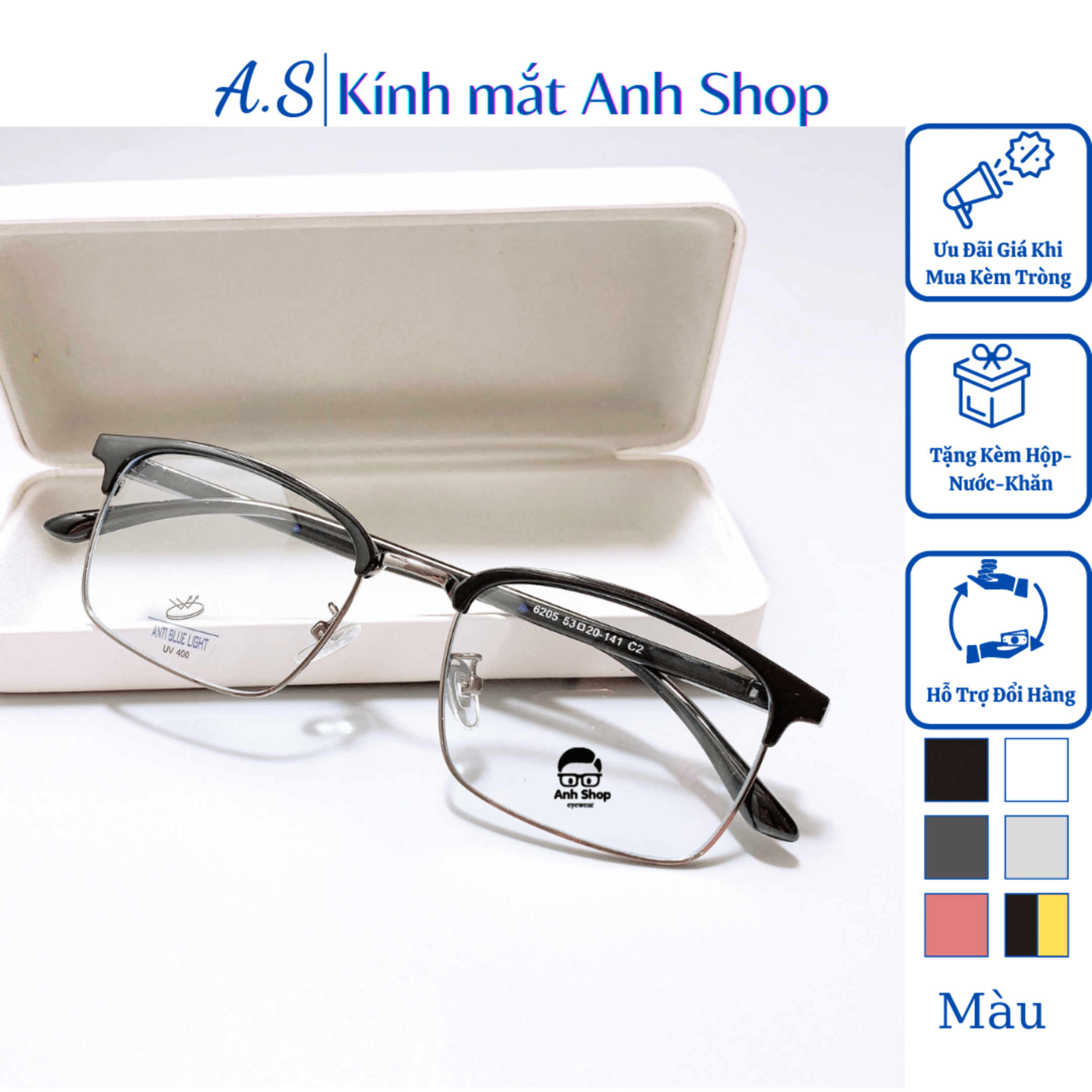 [3-5/8 Hoàn Tiền 25%] Gọng kính vuông nam nữ đeo được, dáng chắc chắn nhựa dẻo kết hợp kim loại 6205 Anh Shop nhận cắt cận viễn loạn