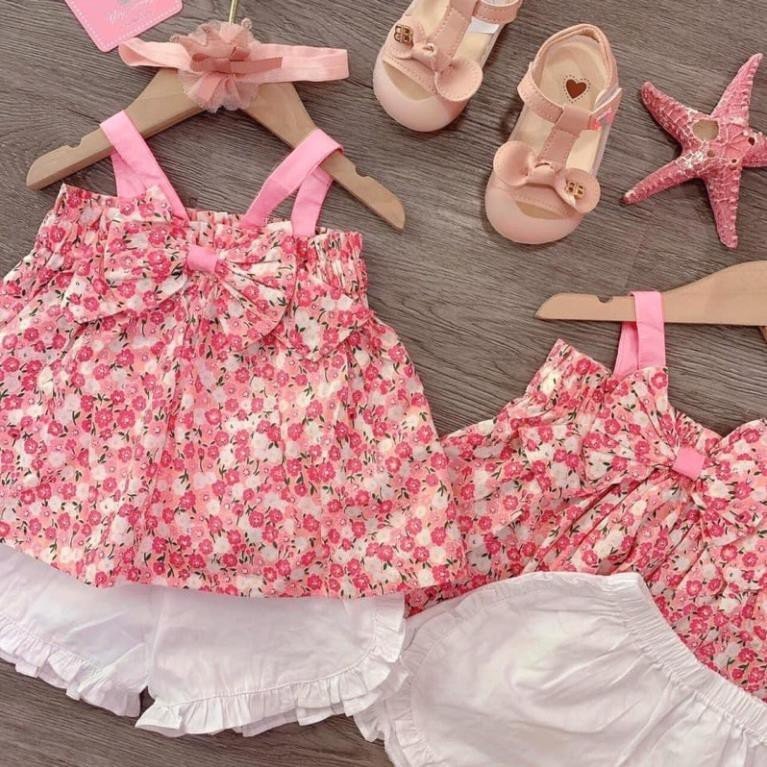 Đồ bộ quần áo 2 dây cho bé gái hoa hồng nhí- Bộ quần áo 2 dây bé gái- Set quần áo bé gái hoa nhí
