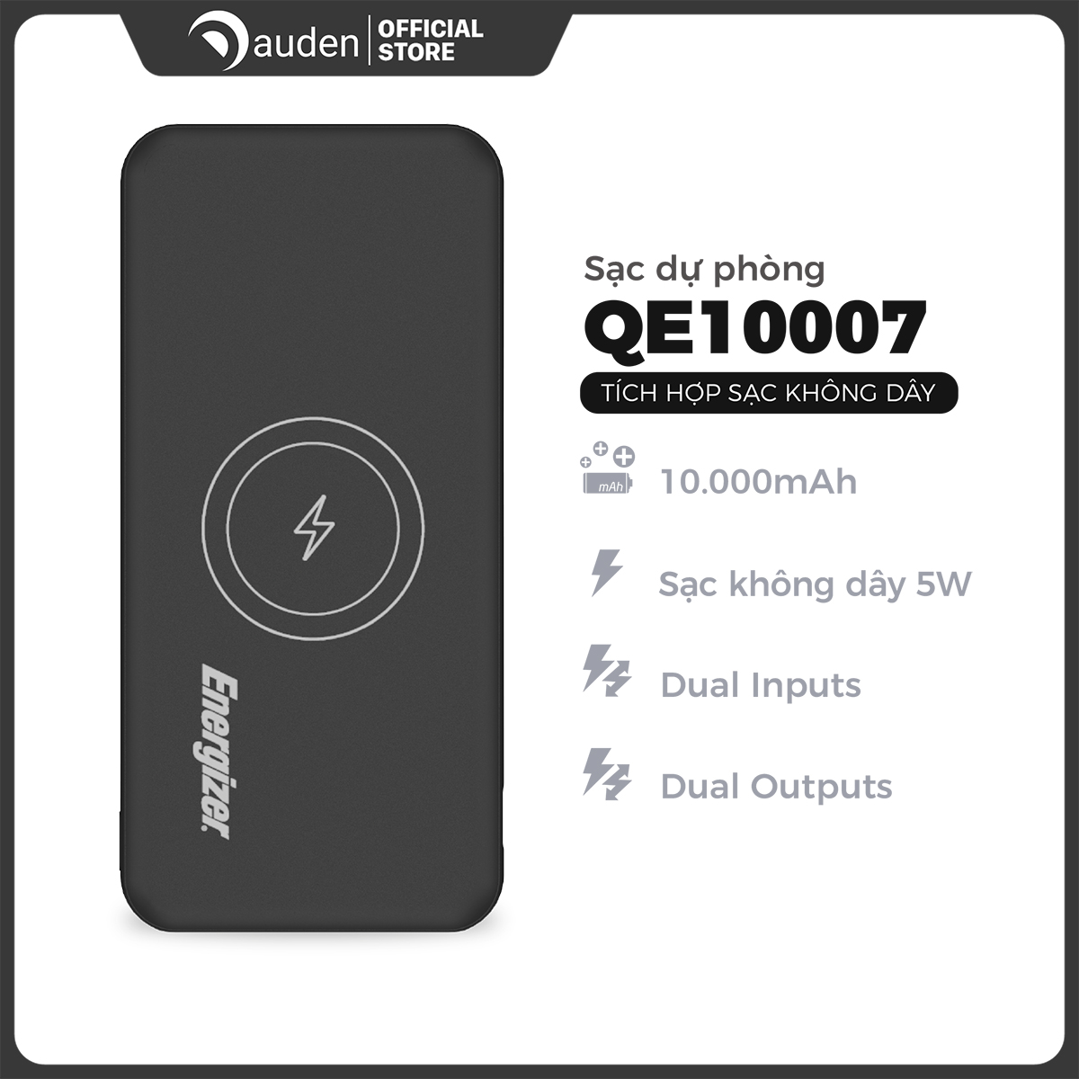 Sạc dự phòng Energizer QE10007 10,000mAh, tích hợp sạc nhanh không dây - Dâu Đen Store