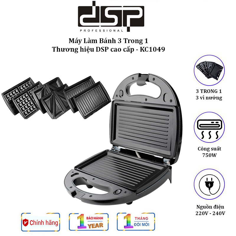Máy làm bánh như sandwich, bánh waffle, bánh quy, bánh trứng,...nhãn hiệu dsp kc1049 công suất: 750w - bảo hành 6 tháng
