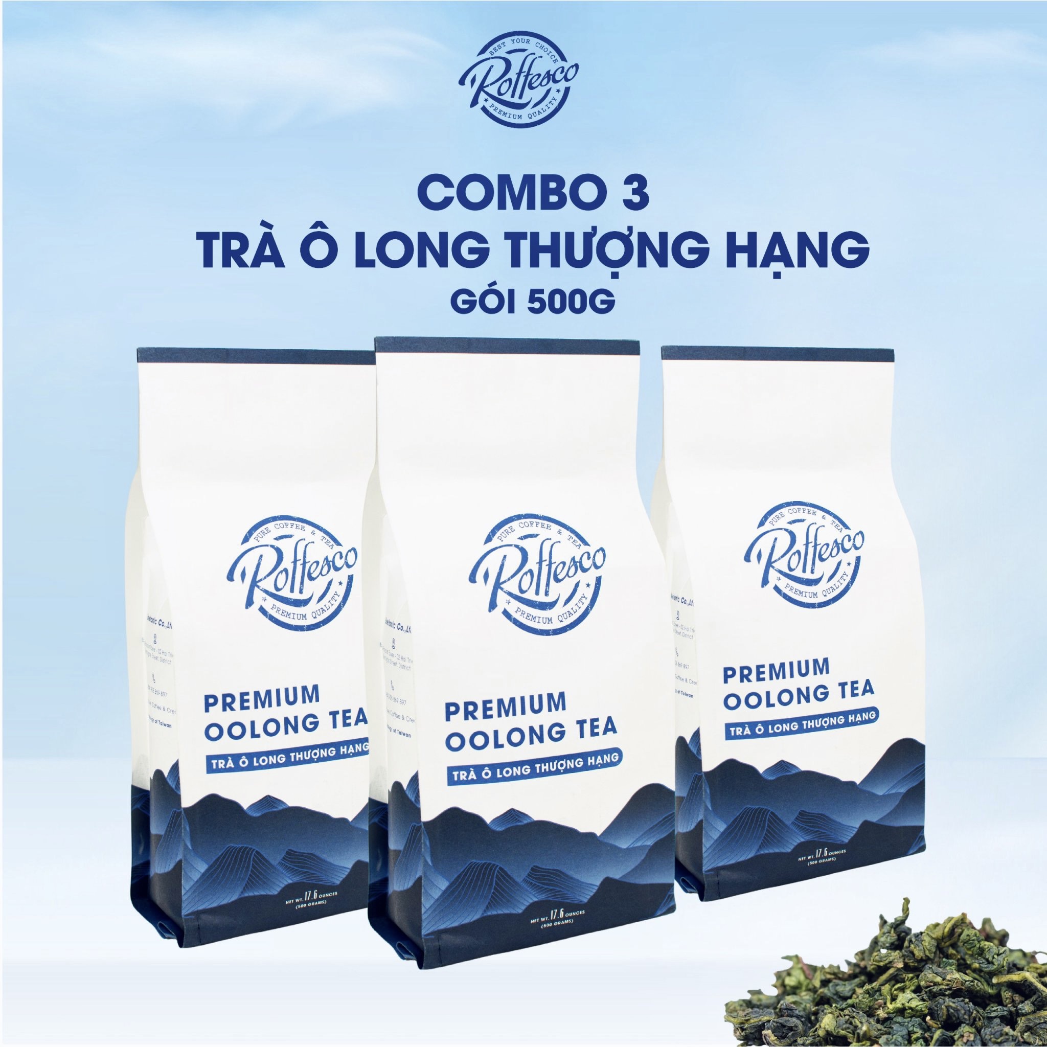 Combo 3 trà ô long roffesco premium oolong tea vị đắng nhẹ hậu ngọt túi 500g