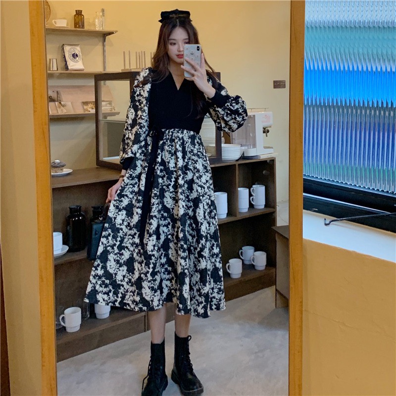 Váy xoè | Đầm xoè liền tay cổ bồng chữ V kết hợp hoạ tiết thiết kế bắt mắt tôn dáng siêu xinh