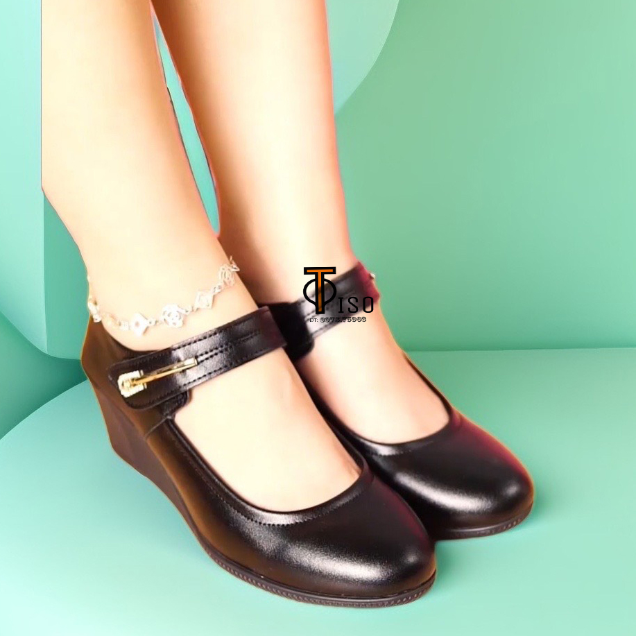 Giày nữ trung niên 6cm da bò cao cấp đế cao su siêu mềm êm chân  (vắt)