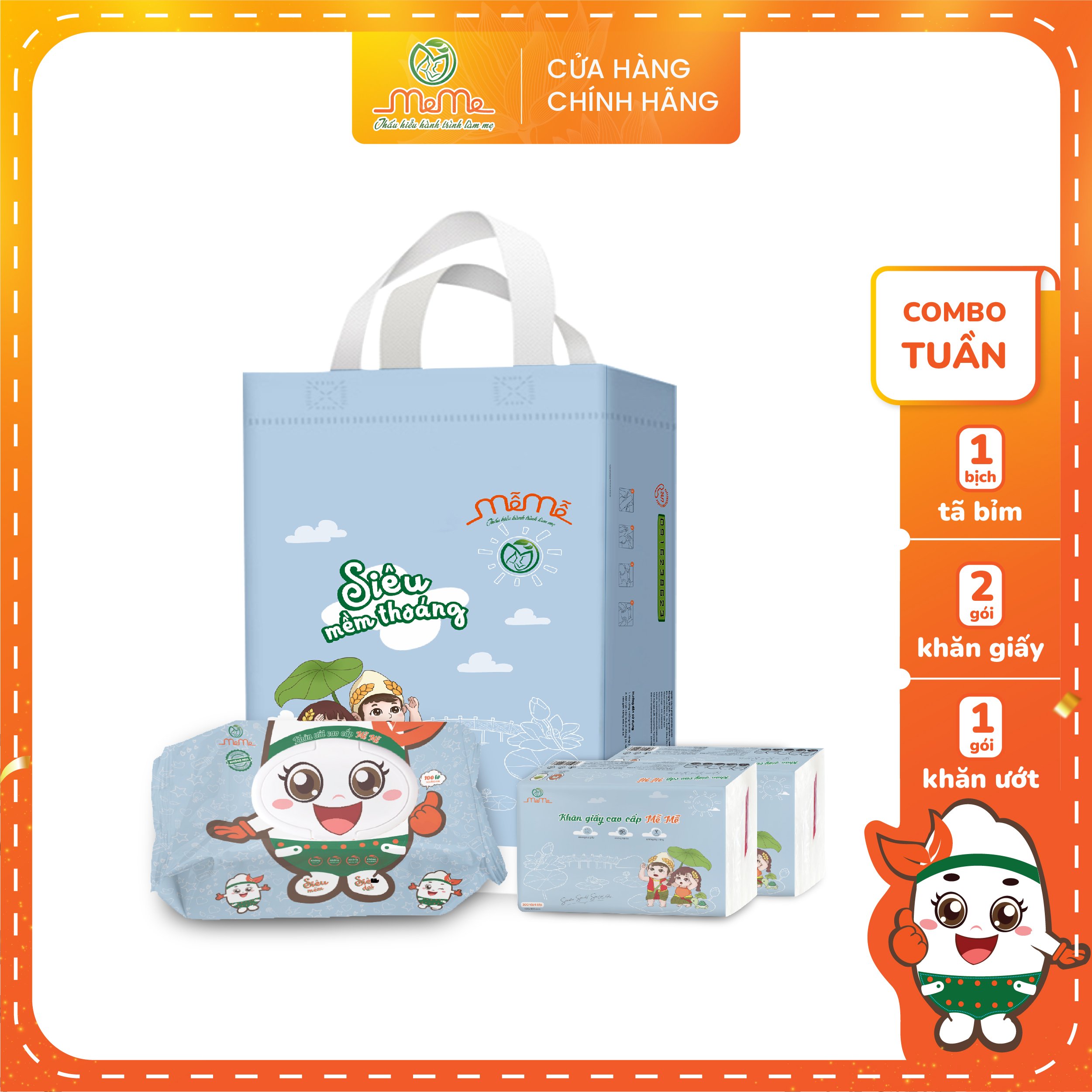 Combo 1 bịch bỉm quần/dán mễ mễ s68/m64/l58/xl54/2xl50/3xl46 1 gói khăn uớt 2 gói khăn giấy mễ mễ