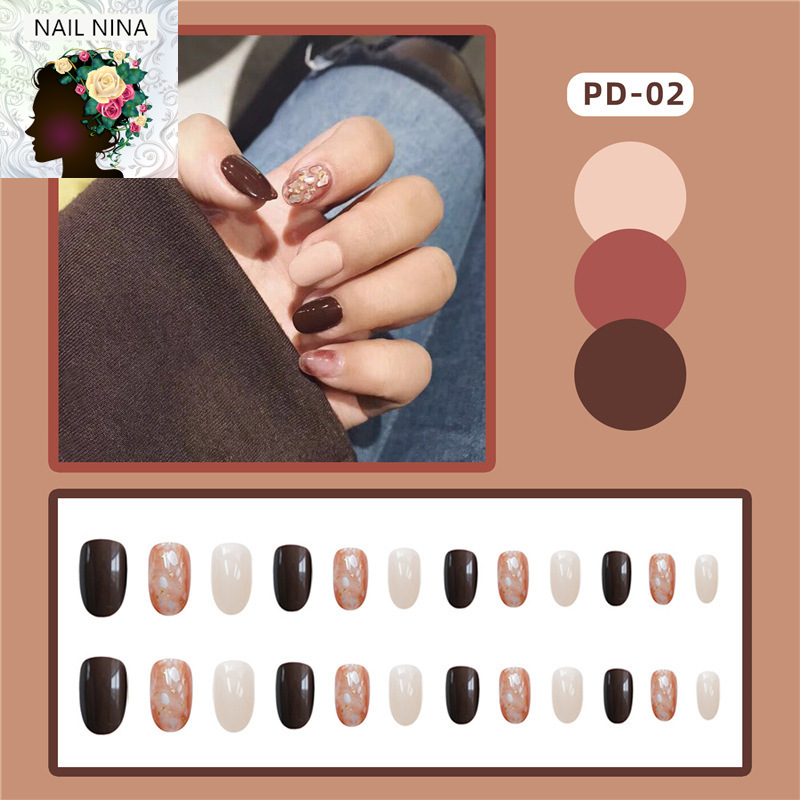 Bộ 24 móng tay giả Nail Nina đá Coffee mã PD-02【Tặng kèm dụng cụ lắp】