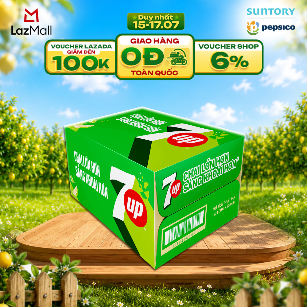 [SALE 15.7] Thùng 24 Chai Nước Ngọt Giải Khát Có Gaz 7Up (600ml/chai)