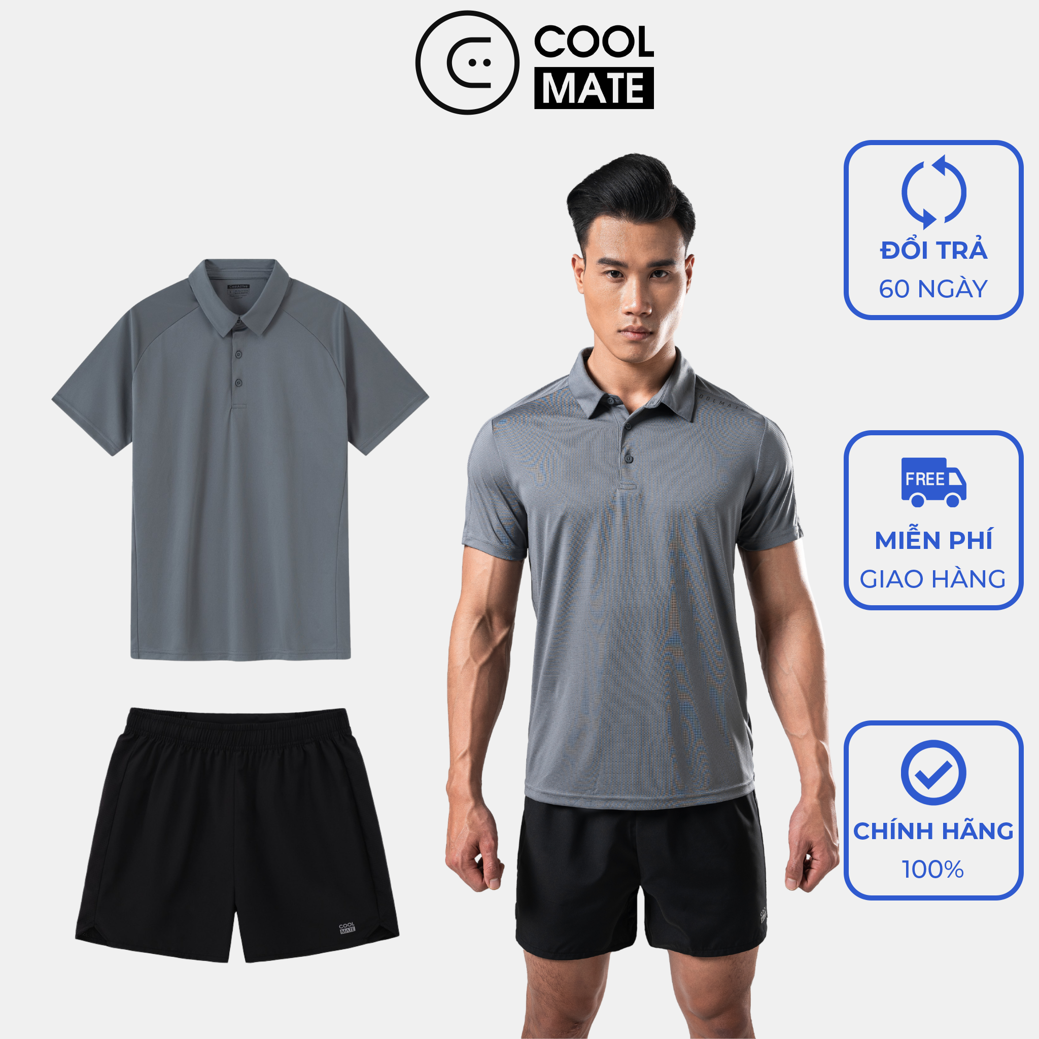 Men s Sport Box - Set đồ bộ thể thao Áo Polo V2 xám đậm và Quần 5inch