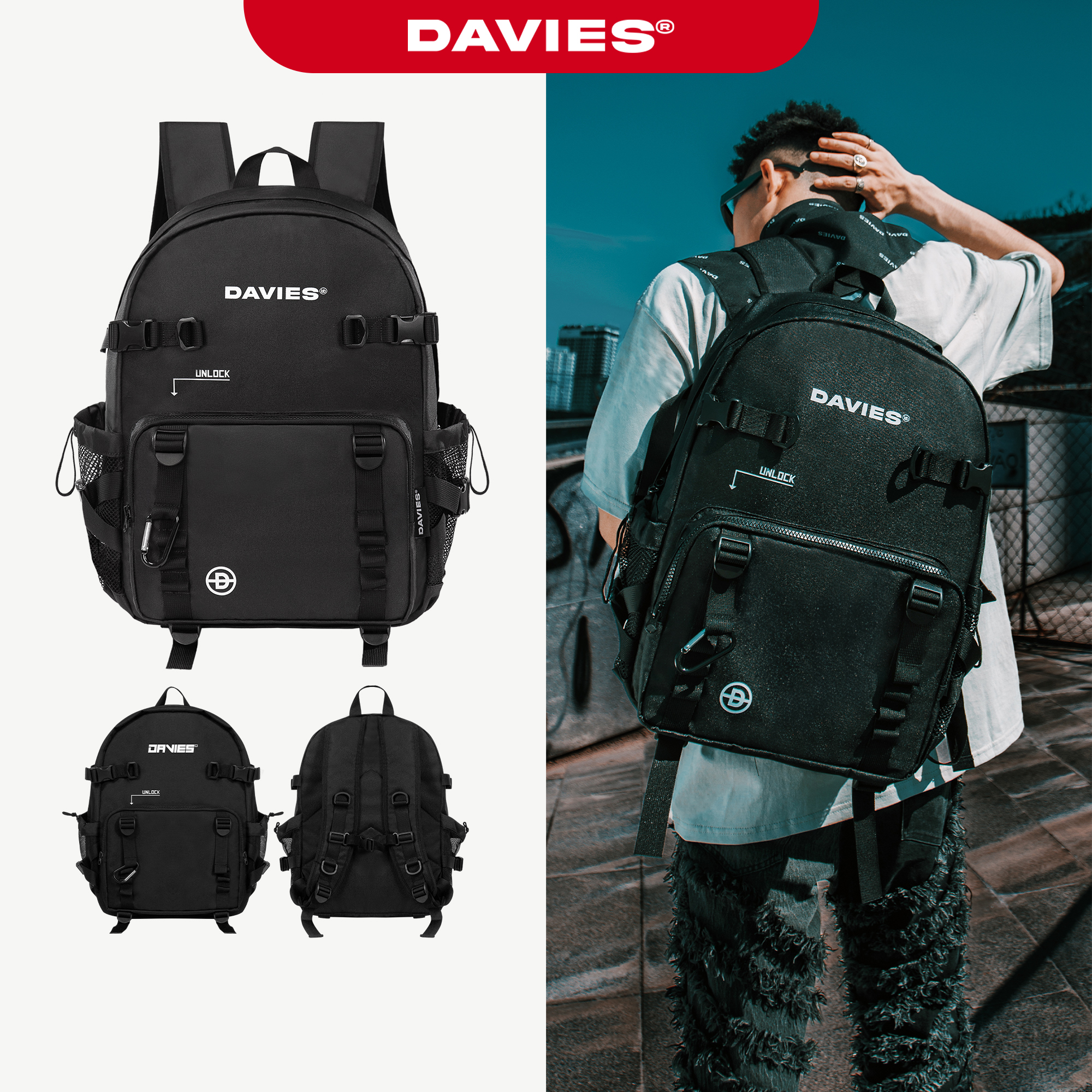 Balo đi học nam nữ màu đen Canvas Tactical Backpack - Balo local brand Davies
