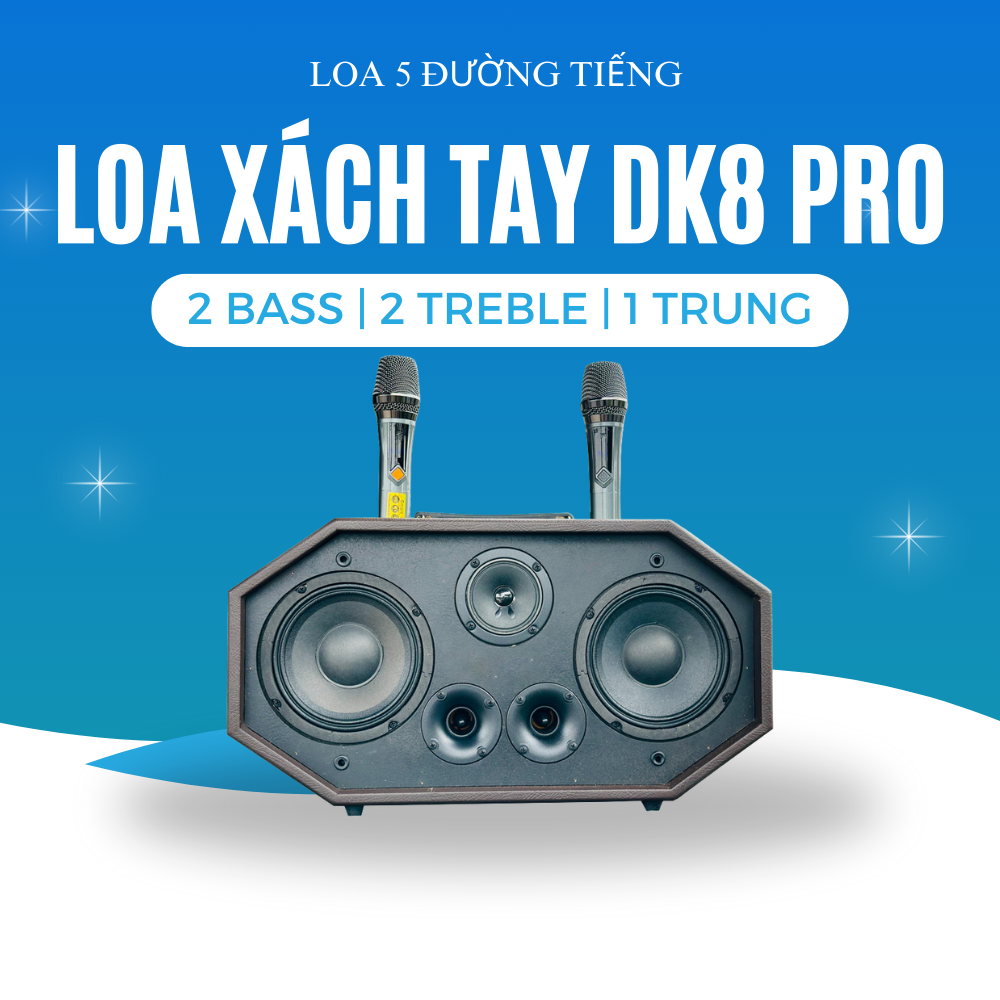 Loa xách tay dk8 pro 5 đường tiếng, sử dụng 2 bass 20cm,2 treble, 1 trung công suất cực đại 600w, âm thanh mạnh mẽ, đỉnh cao công nghệ bass boots, thích hợp mọi nền nhạc, cho chất âm hoàn hảo