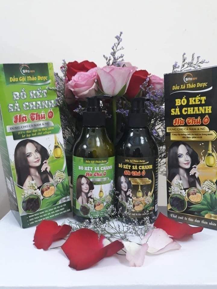Bộ đôi dầu gội, xả bồ kết sả chanh Hà Thủ Ô. Tặng kèm 1 lọ Tinh dầu Sả chanh