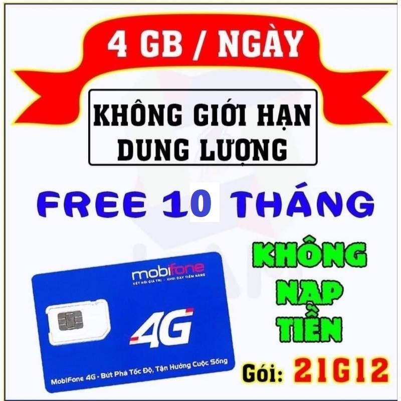 Sim 4g mobifone gói 21g12 km 4gb tốc độ cao/ngày - hết 4gb tốc độ cao sẽ hạ băng thông tốc độ 5mbps freeship - chưa kích hoạt.