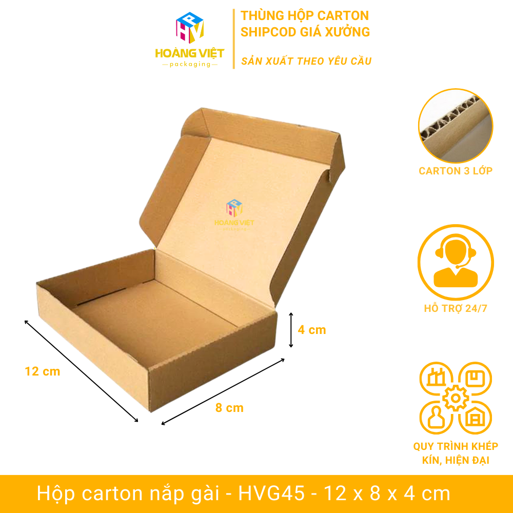 Size 12x8x4 cm - combo 100 thùng hộp carton nắp gài trơn đóng hàng, hộp đóng hàng ship cod - hvg45