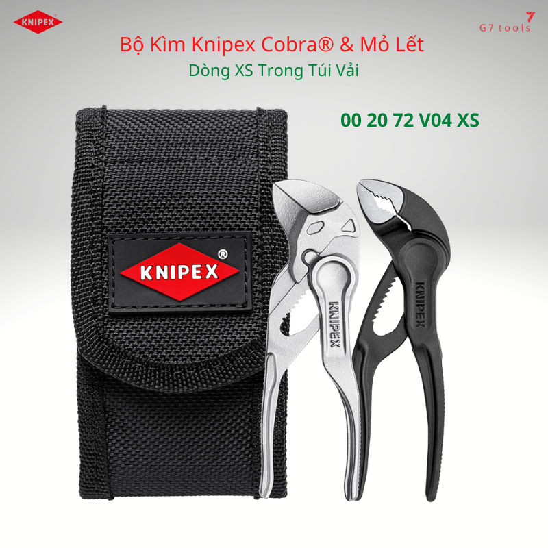 Kìm knipex dòng nhỏ xs gồm kìm nước mỏ quạ knipex cobra® xs 87 00 100, kìm mỏ lết xs 86 04 100, bộ kìm 00 20 72 v04 xs & túi đeo hông 00 19 72 xs le - dụng cụ edc lý tưởng