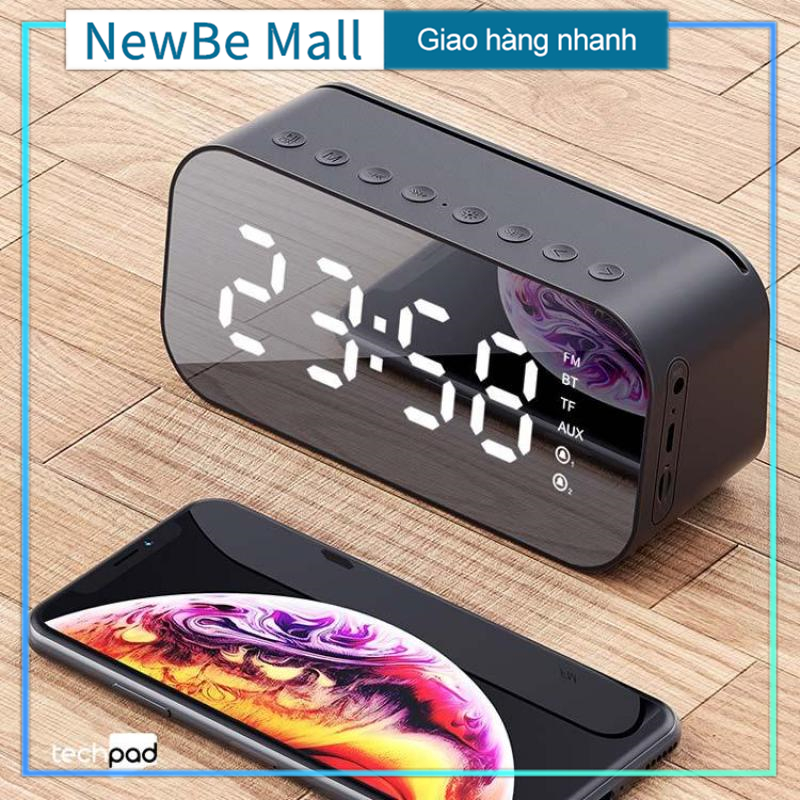 Loa Bluetooth Kiêm Đồng Hồ - Mặt Gương Hiển Thị Đèn Led - Đài FM - Đồng Hồ Báo Thức